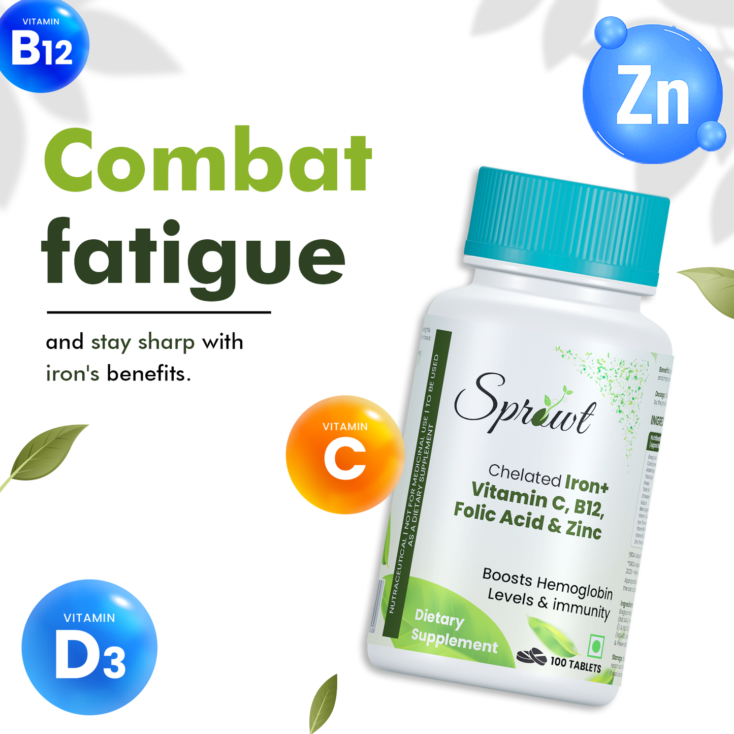 Sprowt Chelated Iron + Vitamin C, B12, Folic Acid & Zinc - 100 Veg Tablets