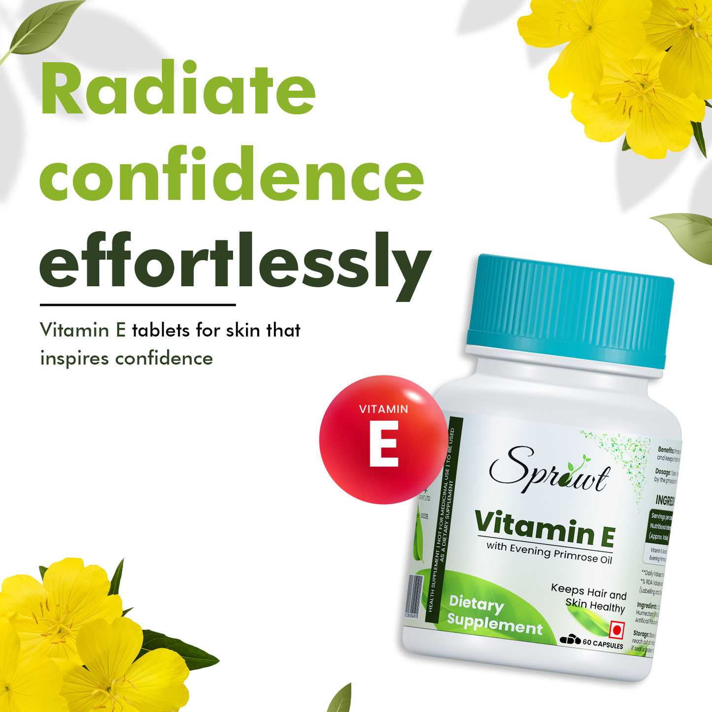 Sprowt Vitamin E Capsules for Face and Hair, with Evening Primrose, Antioxidant Support and Immunity Booster, Controls Wrinkling, Skin Roughness & Dehydration, 60 Vitamin E Capsules