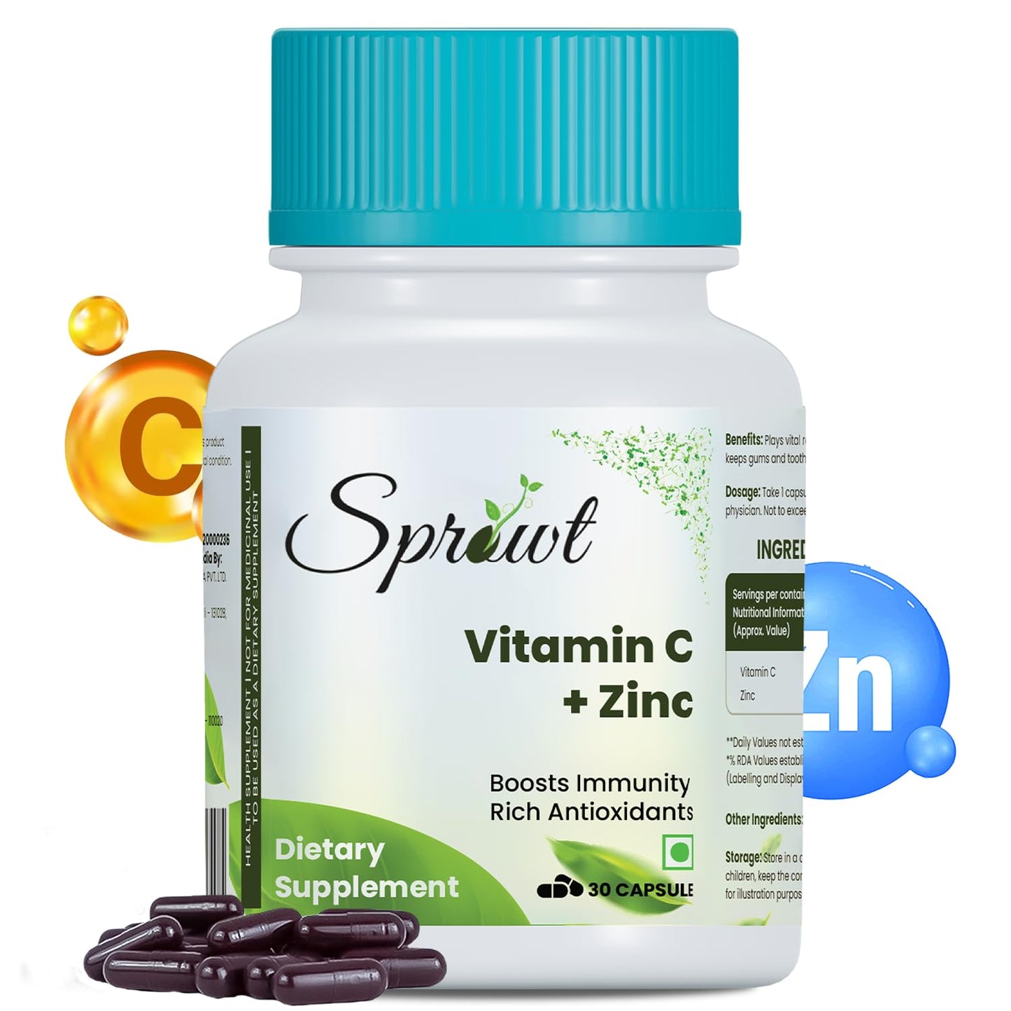 Sprowt Plant-Based Vitamin C with Zinc Capsules 30 Cap- Immune support supplement, Collagen Boost, Nutrient Absorption, Antioxidant Rich - Gluten-Free Formula