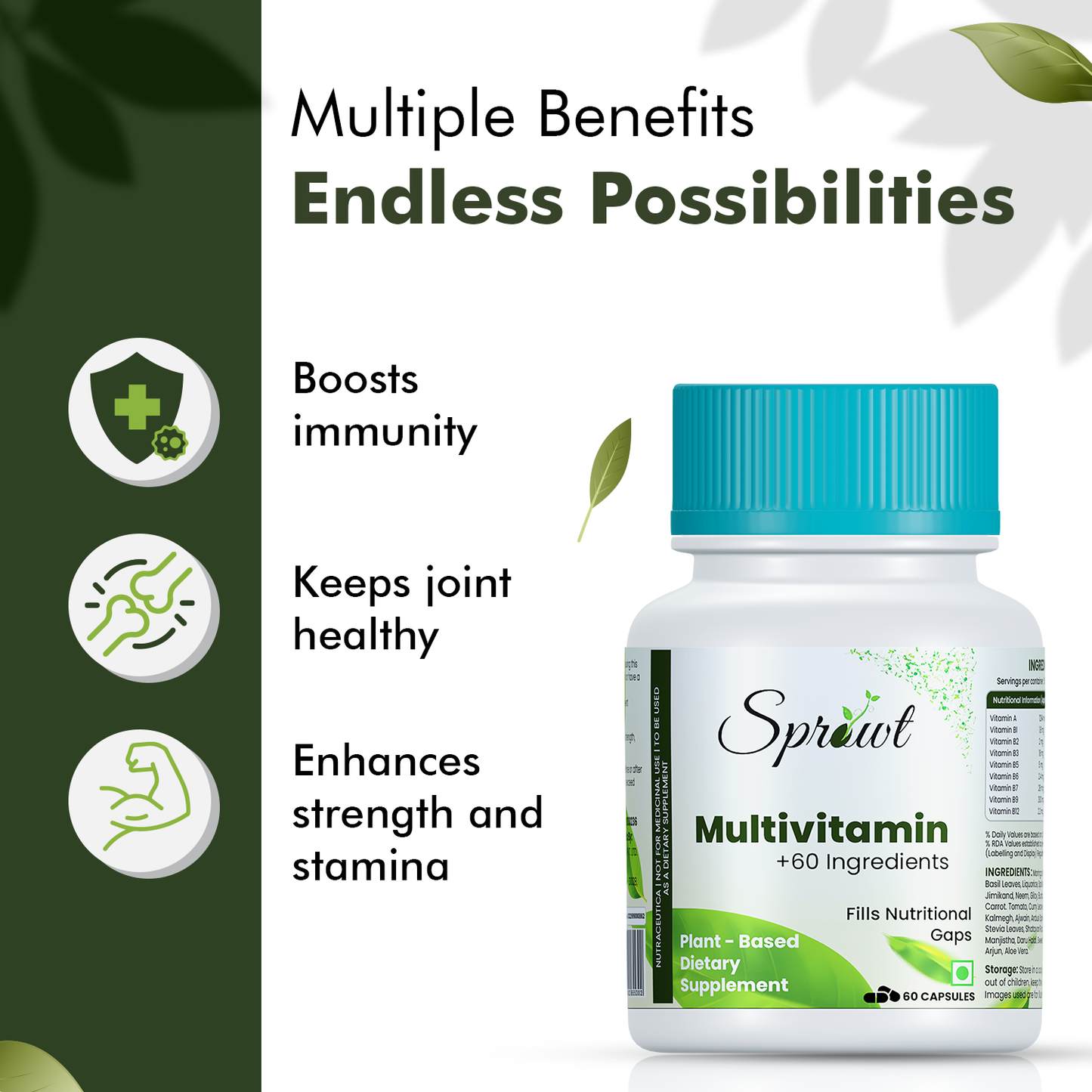 Sprowt Plant Based Multivitamin 60+ Ingredients | For Men & Women | Veg 60 Capsules (60 Capsules)