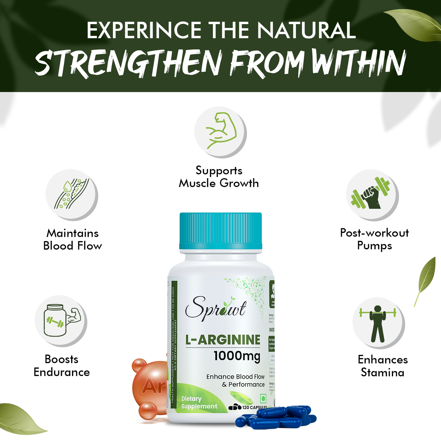 Sprowt L-Arginine 1000mg Supplement | Boost Nitric Oxide Levels | Pre Workout supplements for Men & Women | Improves Energy, Muscle pump, Muscle Growth, Stamina & Recovery