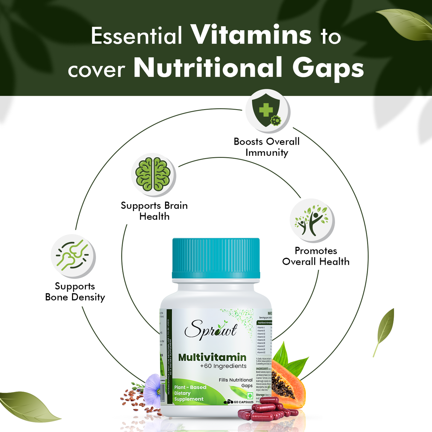 Sprowt Plant Based Multivitamin 60+ Ingredients | For Men & Women | Veg 60 Capsules (60 Capsules)