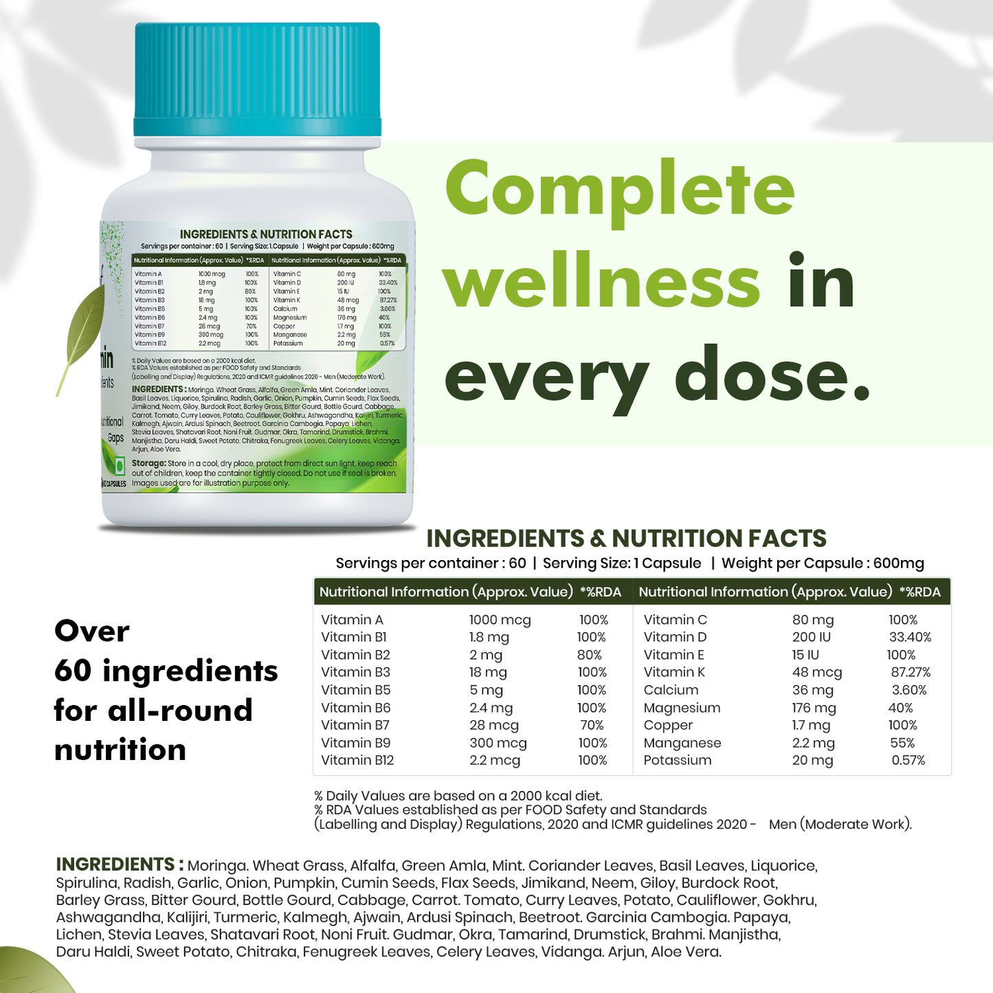 Sprowt Plant Based Multivitamin 60+ Ingredients | For Men & Women | Veg 60 Capsules (60 Capsules)