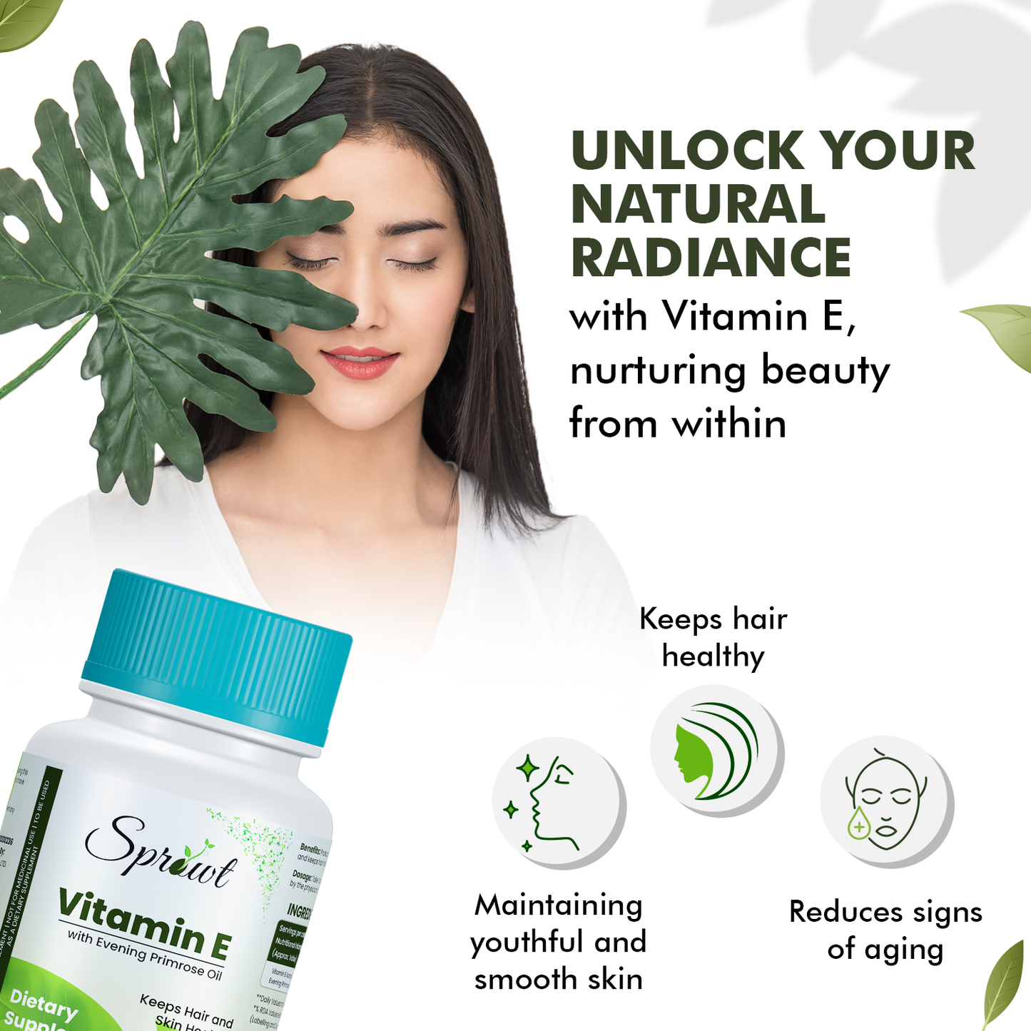 Sprowt Vitamin E Capsules for Face and Hair, with Evening Primrose, Antioxidant Support and Immunity Booster, Controls Wrinkling, Skin Roughness & Dehydration, 60 Vitamin E Capsules