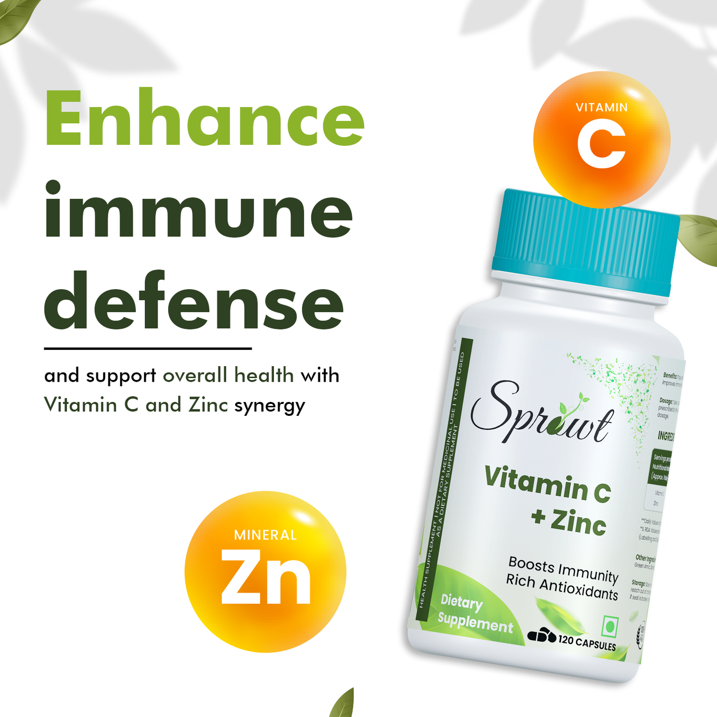 Sprowt Plant Based Vitamin C with Zinc - 120 Veg Capsules | Boosts Immunity Rich Antioxidants