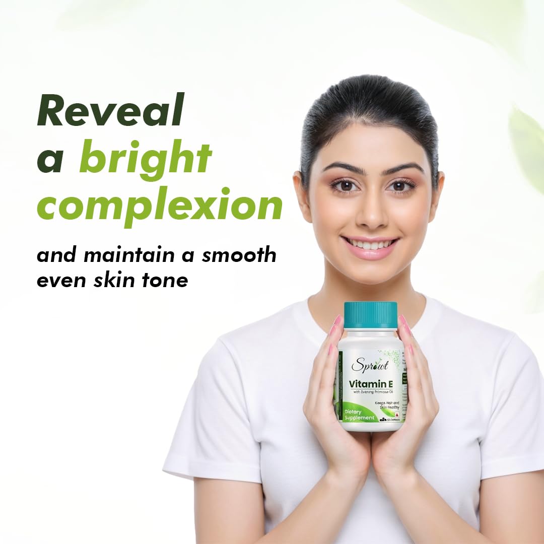 Sprowt Vitamin E Capsules for Face and Hair, with Evening Primrose, Antioxidant Support and Immunity Enhancer, Controls Wrinkling, Skin Roughness | 30 Capsules
