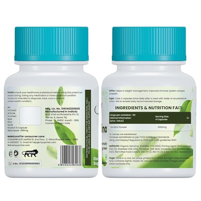 Sprowt Spirulina Capsules 2000mg | Organic Green Superfood for Weight Management, Immunity Boost, and Heart Health | 60 Vegan Capsules
