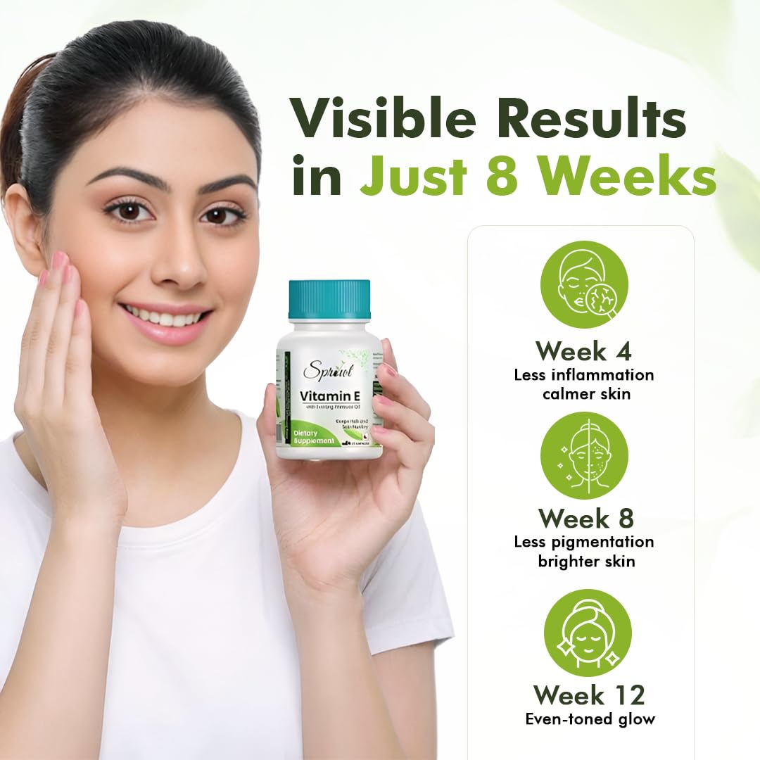 Sprowt Vitamin E Capsules for Face and Hair, with Evening Primrose, Antioxidant Support and Immunity Enhancer, Controls Wrinkling, Skin Roughness | 30 Capsules