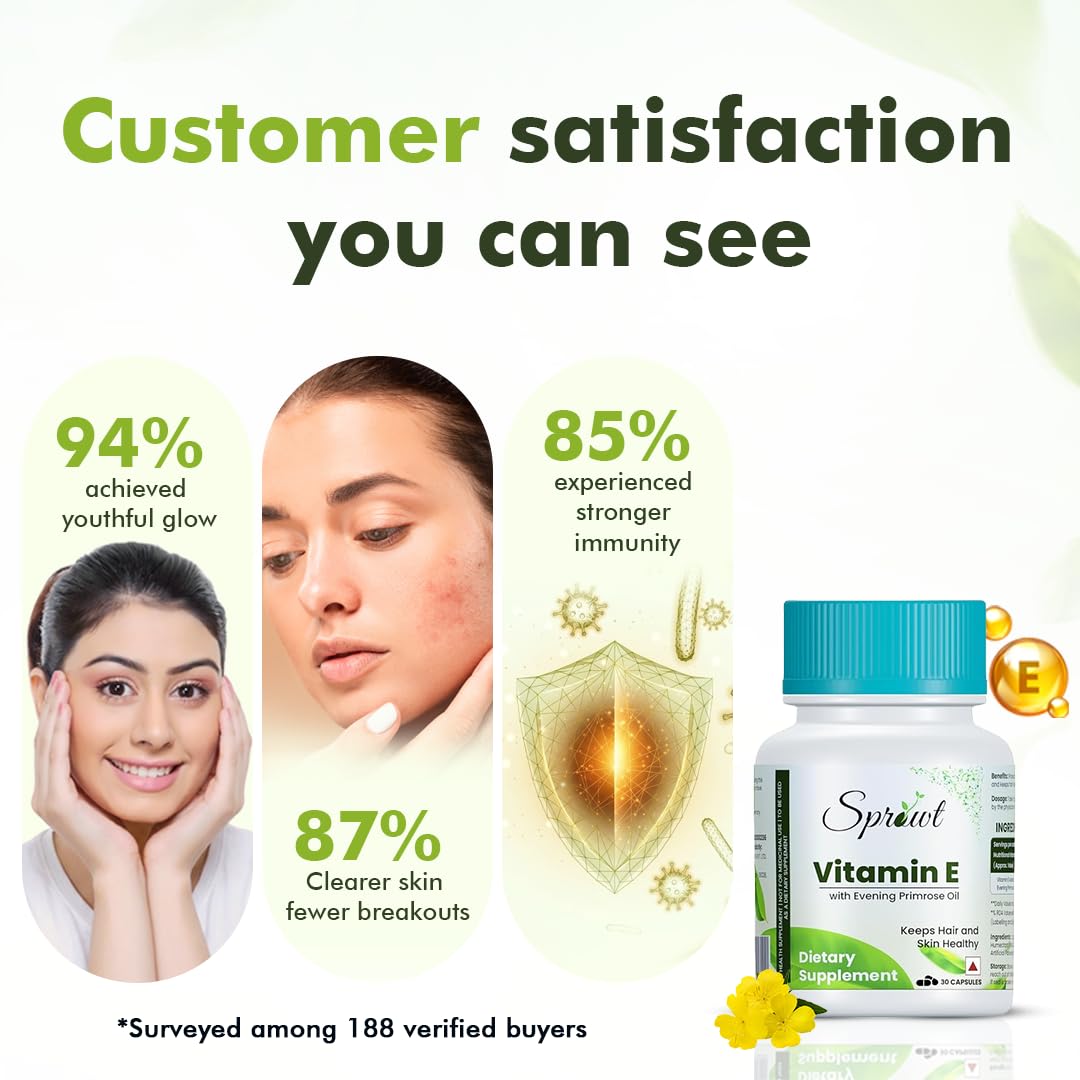 Sprowt Vitamin E Capsules for Face and Hair, with Evening Primrose, Antioxidant Support and Immunity Enhancer, Controls Wrinkling, Skin Roughness | 30 Capsules