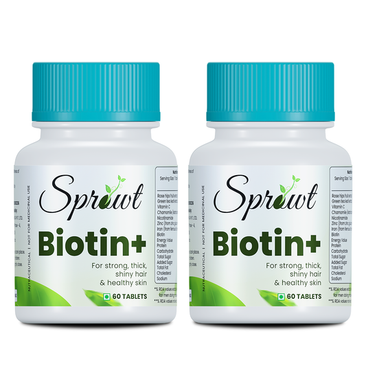 Sprowt Biotin + Tablet | Supplement For Strong Thick Hair & Glowing Skin | Improve the Energy Level | With Vitamin C, Green tea, Rosehip Extracts | Men & Women | 60 Biotin Veg Tablets - Pack of 2