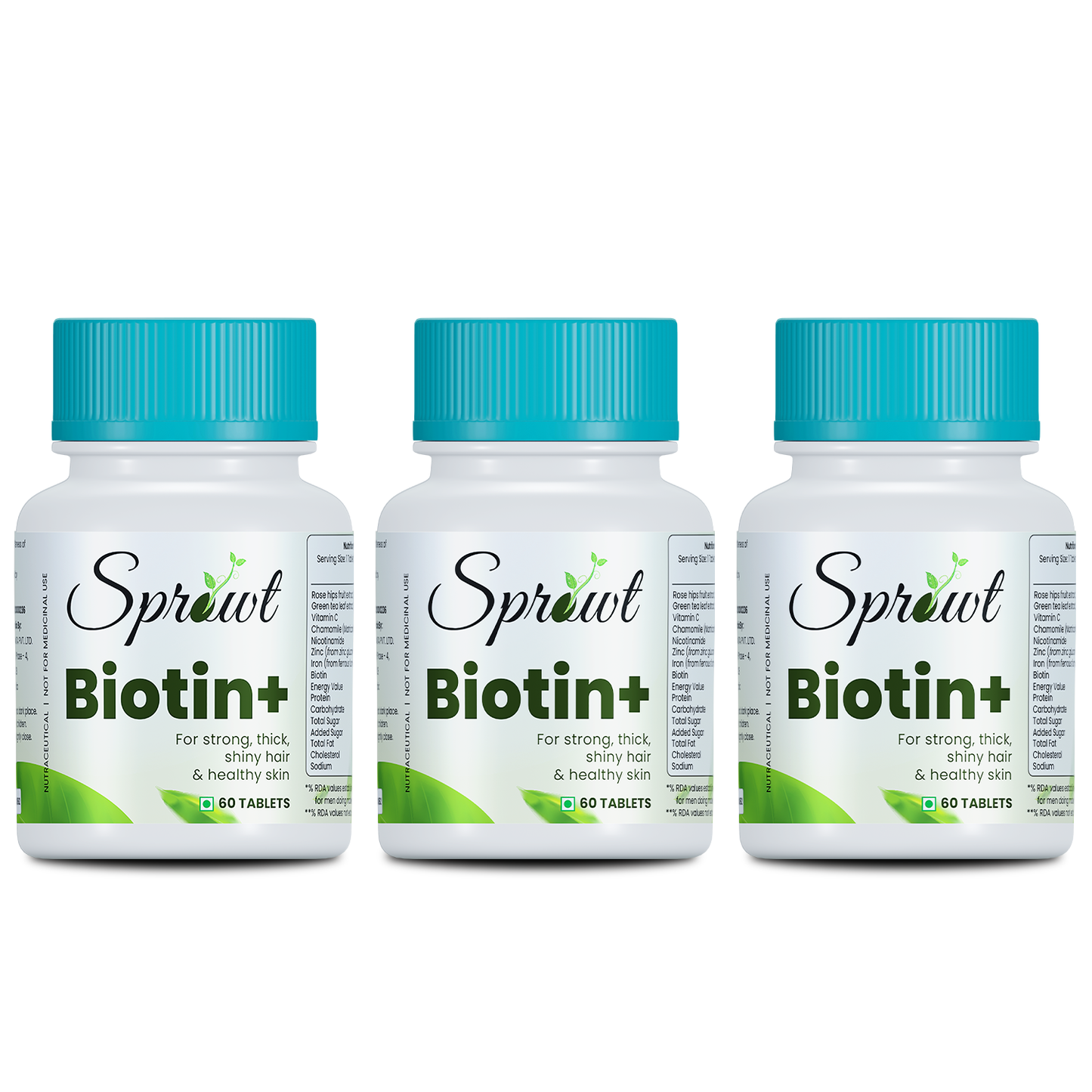 Sprowt Biotin + Tablet | Supplement For Strong Thick Hair & Glowing Skin | Improve the Energy Level | With Vitamin C, Green tea, Rosehip Extracts | Men & Women | 60 Biotin Veg Tablets - Pack of 3