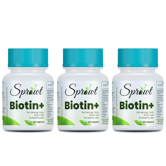 Sprowt Biotin + Tablet | Supplement For Strong Thick Hair & Glowing Skin | Improve the Energy Level | With Vitamin C, Green tea, Rosehip Extracts | Men & Women | 60 Biotin Veg Tablets - Pack of 3