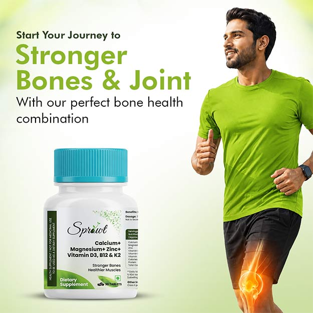 Sprowt Calcium Magnesium Zinc Vitamin D3, B12 & K- Vegetarian Tablets I Supplement for Women and Men, For Bone Health & Joint Support I 30 Tablets