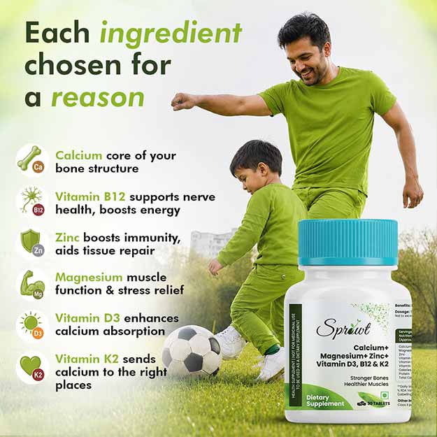 Sprowt Calcium Magnesium Zinc Vitamin D3, B12 & K- Vegetarian Tablets I Supplement for Women and Men, For Bone Health & Joint Support I 30 Tablets