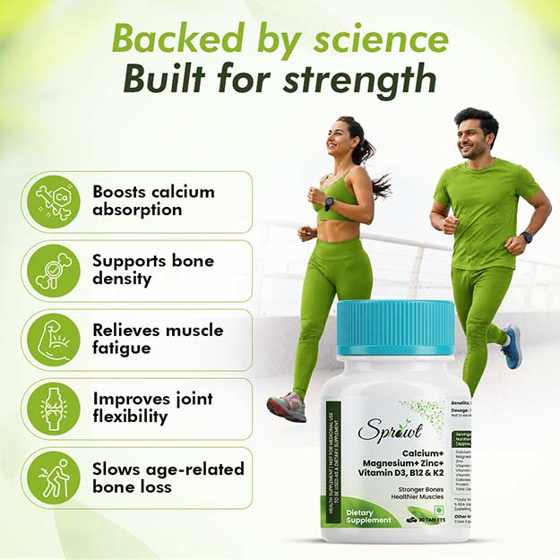 Sprowt Calcium Magnesium Zinc Vitamin D3, B12 & K- Vegetarian Tablets I Supplement for Women and Men, For Bone Health & Joint Support I 30 Tablets