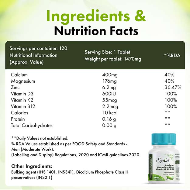 Sprowt Calcium Magnesium Zinc Vitamin D3, B12 & K- Vegetarian Tablets I Supplement for Women and Men, For Bone Health & Joint Support I 30 Tablets