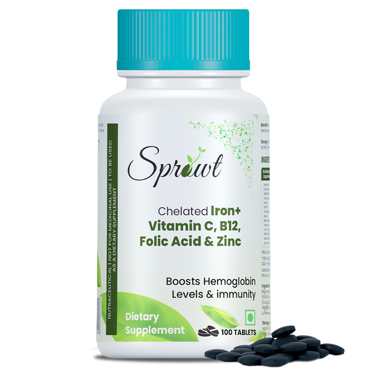 Sprowt Chelated Iron + Vitamin C, B12, Folic Acid & Zinc - 100 Veg Tablets