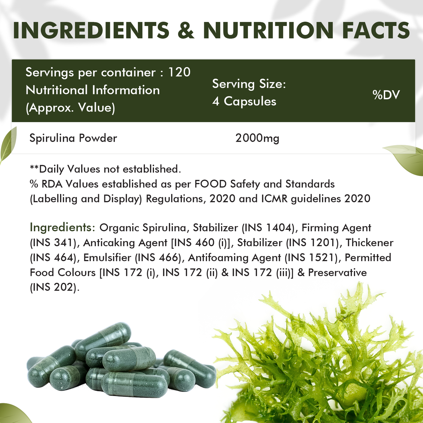Spirulina 2000mg Supplement For Men And Women | GreenSuper Food For Weight Management & Immunity Booster | Helps In Healthy Heart - 120 Vegetarian Capsules