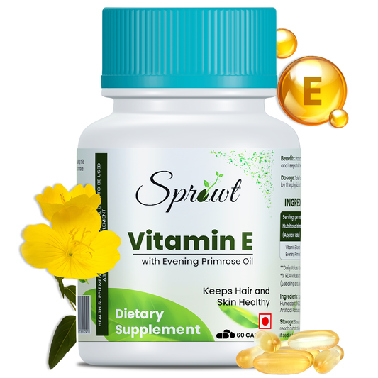 Sprowt Vitamin E Capsules for Face and Hair, with Evening Primrose, Antioxidant Support and Immunity Booster, Controls Wrinkling, Skin Roughness & Dehydration, 60 Vitamin E Capsules