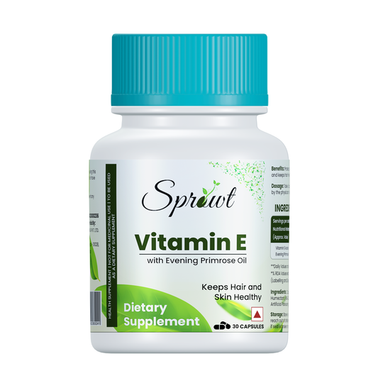 Sprowt Vitamin E Capsules for Face and Hair, with Evening Primrose, Antioxidant Support and Immunity Enhancer, Controls Wrinkling, Skin Roughness | 30 Capsules