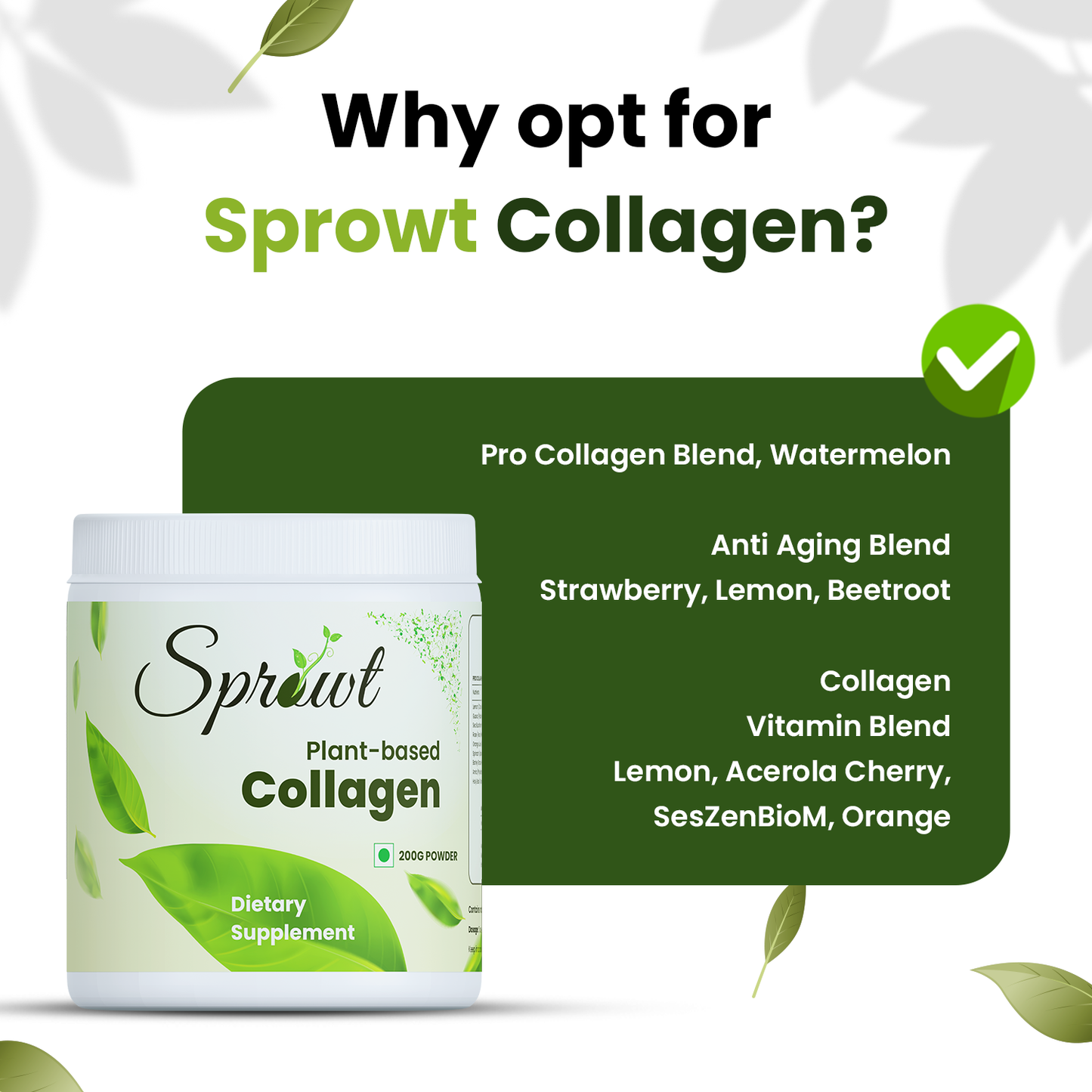 Sprowt Plant Based Collagen Builder for Youthful & Glowing Skin | Pack of 3, 200Gm Each