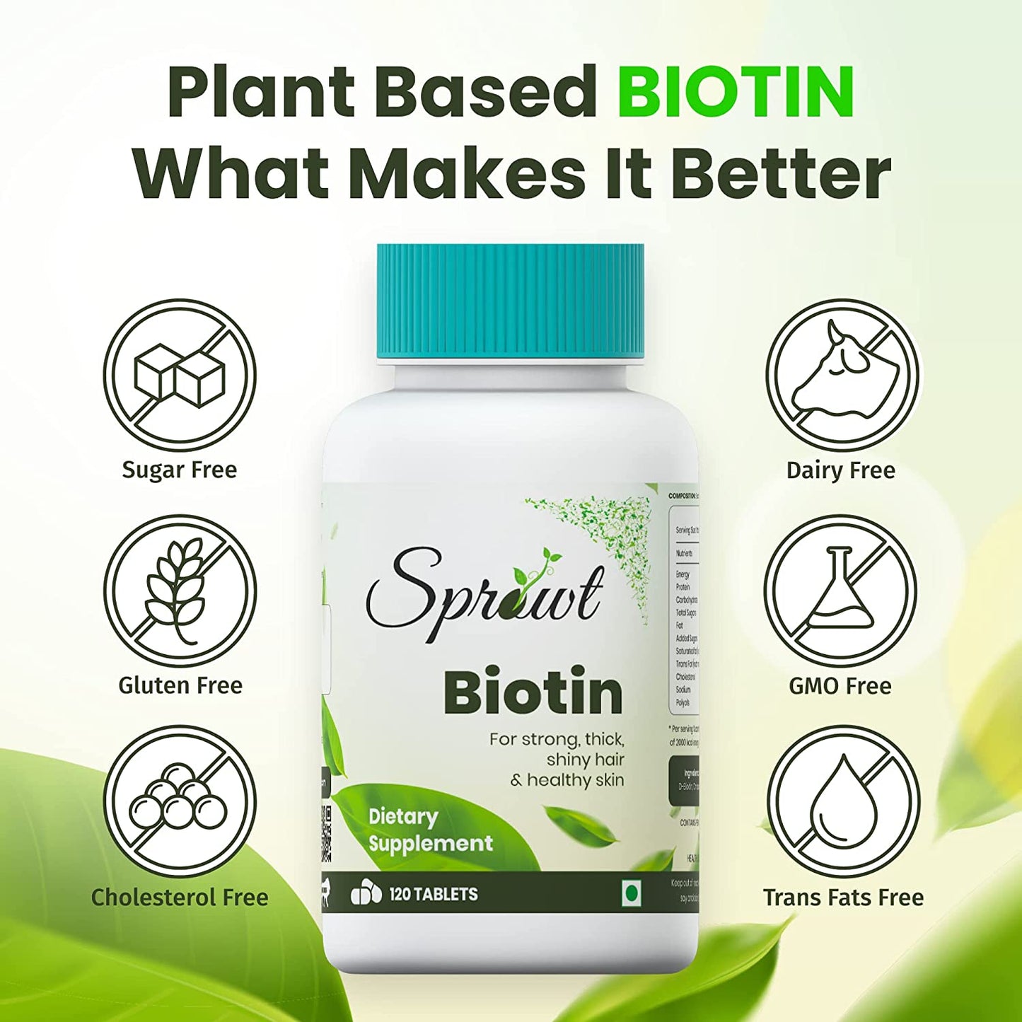Sprowt Plant Based Biotin for Hair Growth, Skin & Nails - 10000 mcg