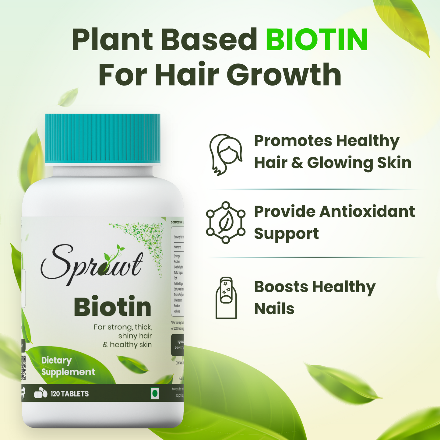 Sprowt Plant Based Biotin for Hair Growth, Skin & Nails - 10000 mcg | Pack of 3, 120 Tablets Each